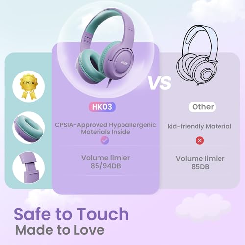 acer Kids Headphones - Over-Ear 85/94dB Volume Limiter, 3.5mm Jack Foldable Stereo Sound Headset for Toddlers Girls Boy Travel Learning Entertainment Tablet Kindle iPad PC Purple Green, HK03 - color: Purple Green