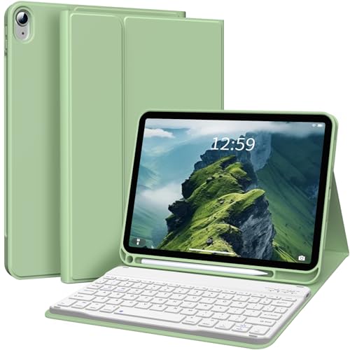 kenke for iPad 11/10th Gen Case with Keyboard 11/10.9 inch 2025 A16/2022, Detachable Folio Wireless Bluetooth Keyboard Case with Bulit-in Pencil Holder, White Square Keycaps (Matcha Green) - color: Matcha Green