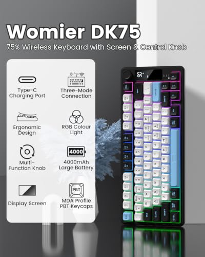 DK75 75% Wireless Gaming Keyboard, RGB Backlit Creamy Keyboard with Media Knob, OLED Screen, Tri-Mode 2.4GHz/USB-C/BT5.0, Anti-Ghosting No-Conflict Silent Membrane Keyboard for MAC Windows - color: Black&Blue