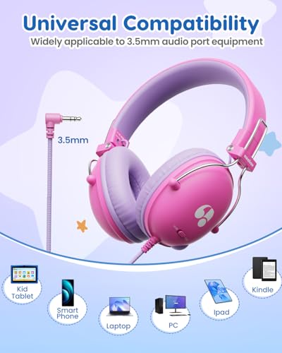 awatrue Kids Headphones, 74/85dB Safe Volume Limit, Stereo Sound, Wired On-Ear Headphones for Kids Boys Girls, 3.5mm Jack for Tablet, iPad, Kindle, YOTO Player, Airplane Travel, Pink - color: Pink-Purple