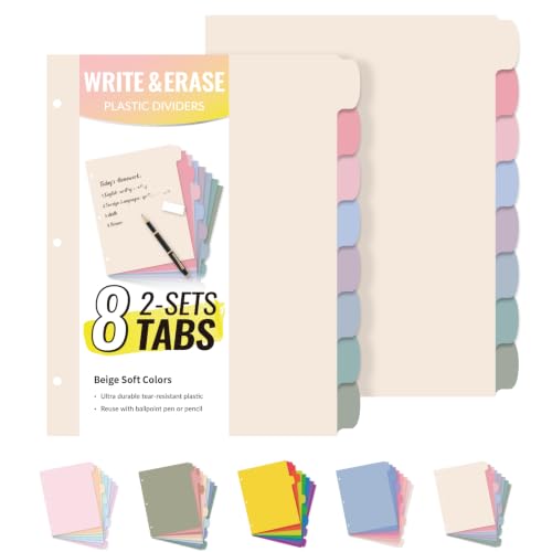 Sooez 8 Tabs Long-Lasting Plastic Write & Erase Large Tabs Dividers for 3 Ring Binder, Aesthetic Cute Pastels Binder Dividers for Student, Teacher, Office, Home Organizers, 2 Sets, Beige Color - color: Beige Color, size: 2 Sets