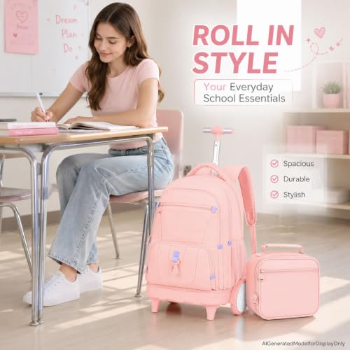 CCJPX 3Pcs Women & Girls Rolling Backpack with Bigger Wheels, Extra-Large Wheeled Bookbag with Lunch Box, Water Resistant Extra-Large Roller Luggage for Travel, Work, College (Pink) - color: Pink(upgrade Large Wheel)