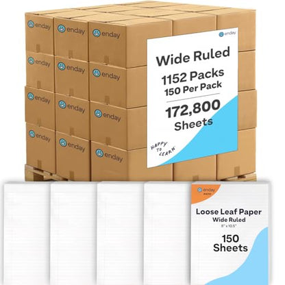 1152 Pack (Pallet) Loose Leaf Paper Bulk, 172800 Sheets, Wide Ruled, 150 Sheets Per Pack, 8 x 10.5", Pallet of Filler Paper, 3 Hole Punched, 4-7 Days Transit - size: Pallet (172K Sheets)