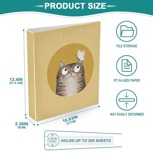 Fustylead Funny Tabby Cat and Butterfly Mustard Yellow 3 Ring Binder, D-Rings 1.5" Hardcover Folder, Fits 200 Sheets of A4 Paper, Durable Clipboard & Clean View with Inside Pockets for School Home Off - size: 12.4x10.63x2.36 Inch-1 Pack