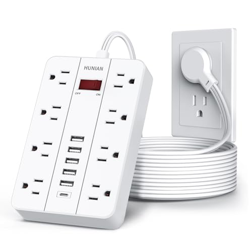 10 Ft Long Extension Cord,Power Strip with Multiple Outlets HUNIAN Flat Plug with 8 Widely Spaced Outlets 6 USB(1 USB C Port), Wall Mount Charging Station for Home and Office,White - color: White, size: 10FT