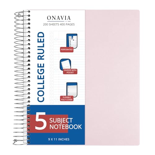 ONAVIA Pink 5 Subject Spiral Notebook College Ruled, 400 Pages | 200 Sheets, 9 x 11 in, 6 Pack Waterproof Plastic Cover, Durable, School Notebooks, Classroom, Teachers - color: Pink