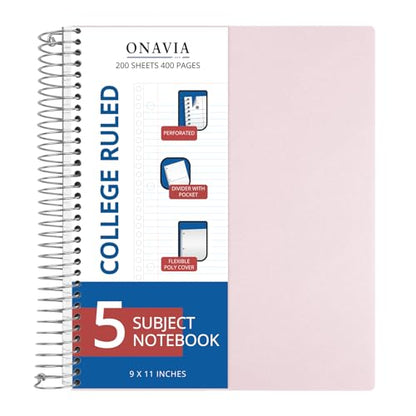 ONAVIA Pink 5 Subject Spiral Notebook College Ruled, 400 Pages | 200 Sheets, 9 x 11 in, 6 Pack Waterproof Plastic Cover, Durable, School Notebooks, Classroom, Teachers - color: Pink