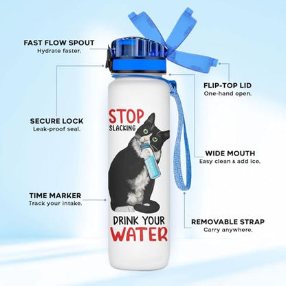 Funny Cat Hydration Water Bottle 32oz with Time Marker, Cute Cat Mom Gift for Women, Reusable Daily Motivation Drinking Bottle with Handle & Lid - color: Cat