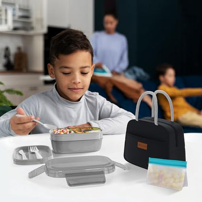JBGOYON Leakproof Bento Box & Insulated Lunch Bag Set, 4-Piece, Black | 6-hour thermal retention, includes nested knife fork spoon, 2 reusable snack pouches, designed for adults and kids - color: Black
