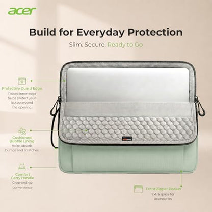 Acer Laptop Sleeve Case for 13.3-14 inch Laptops, Slim Protective Computer Sleeve with Hidden Zipper Pocket, Soft Plush Bubble Padding, Side Handle and Luggage Strap, Travel Laptop Bag, Green | Slim, Soft Bubble Padding, Extra Front Storage, Wrist Strap,