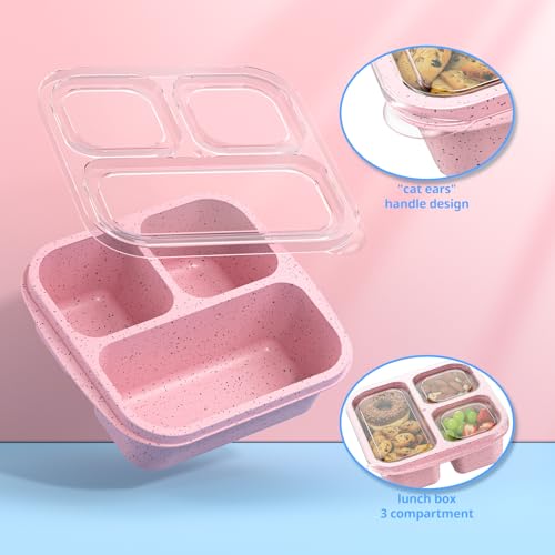 Snack Boxes (3 Pack) - Stackable Bento Boxes with 3 Compartments, Meal Prep Containers Reusable, Lightweight Lunch Containers for Kids and Adults, BPA Free (Pink) - color: Pink