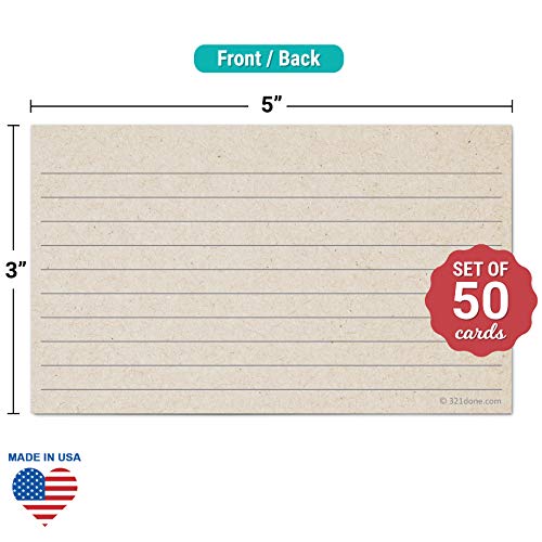 321Done Ruled Note Cards, 3x5 Thick Index Cards - Kraft Tan Card Stock, Notecards & Stationery with Lines for Writing, Stamping - Made in USA, Set of 50 - No Envelopes - size: Small (3 x 5)