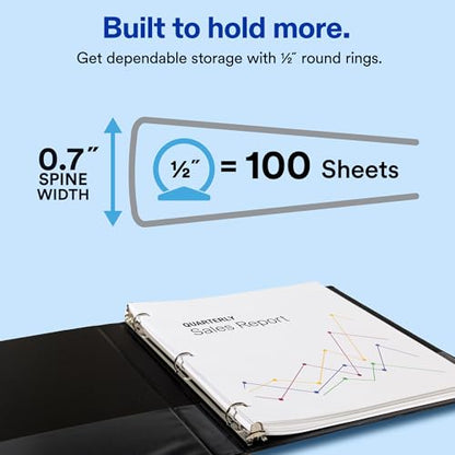 Avery Standard View 3 Ring Binder, 0.5" Round Rings, 100-Sheet Capacity, 0.7 Inch Wide Spine, 1 Black Binder, Ideal for Lightweight Organization and Occasional Referencing (17701) - size: 0.5"