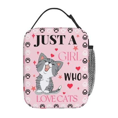 Cute Cat Pink Lunch Bag Large Capacity Heat Insulated Lunch Box, Just A Girl Who Loves Cats Leakproof Durable Portable Reusable Handbags Thermal Cooler Tote Bag for School - color: Cute Cat
