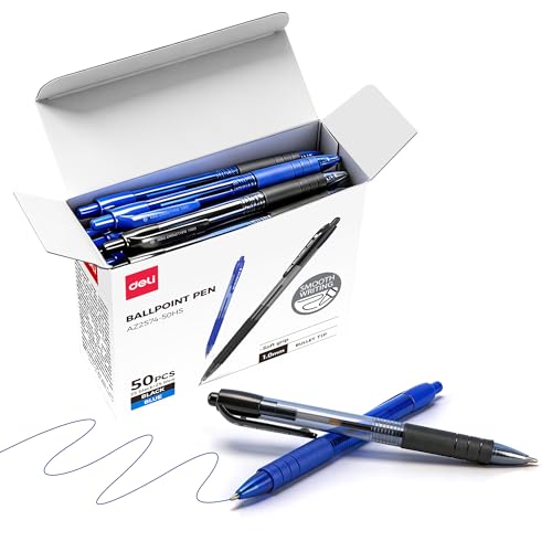 deli Pens Bulk, Ballpoint Pens 1.0MM Medium Point,25 Pack Black Ink & 25 Pack Blue Ink, Smooth Writing Retractable Pen with Soft Grip, No Bleed,Fast Dry,for Office School Home Use - color: Black&Blue, size: 50 PCS
