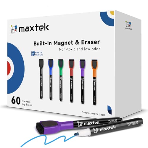maxtek Magnetic Dry Erase Markers, Fine Tip, 6 Colors, 60 Count | Low Odor, Whiteboard Markers, Built-in Eraser - style: 60 Count 6 Colors