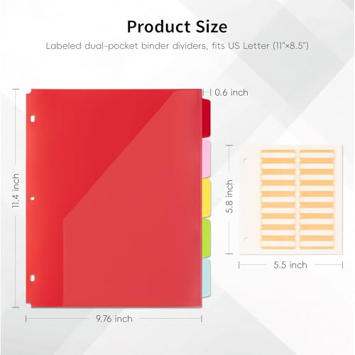 Ospelelf File Dividers with Pockets and Tabs for 3 Ring Binder, 8.5" x 11" Plastic Binder Dividers, 5 Waterproof Folders with Pockets, Multicolor - color: Multicolor
