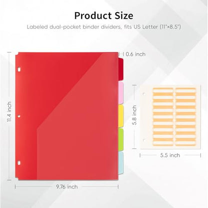 Ospelelf File Dividers with Pockets and Tabs for 3 Ring Binder, 8.5" x 11" Plastic Binder Dividers, 5 Waterproof Folders with Pockets, Multicolor - color: Multicolor