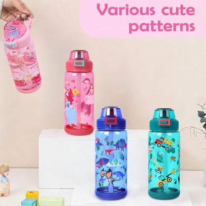 20oz Kids Water Bottle For School or Travel, Leak-Proof & Dishwasher, Durable Plastic Sport Water Bottle With Straw and Handle, Carousel - color: Pink carousel