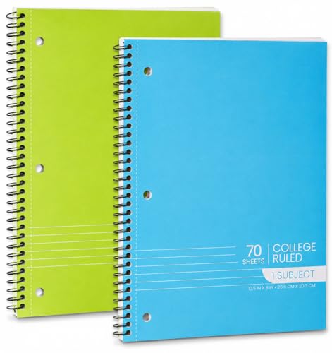 Spiral Notebooks, 1-Subject Notebook, College Ruled Notebooks - 70 Sheets - 3 Hole Punched, Subject Notebooks for School Classroom, Home, Office - Perforated Pages, Assorted Colors - (2 Pack) - style: 2 Pack