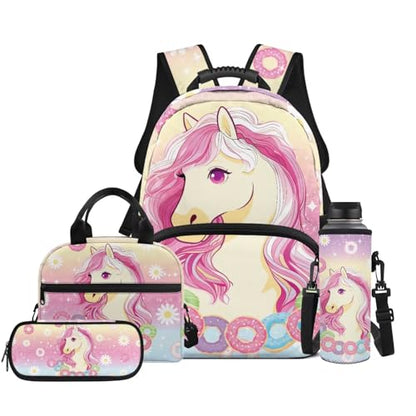 Horse Print Kids Backpack with Lunch Box, 4 in 1 School Supplies Set with Pencil Case and Water Bottle Cover, for students ages 9-12 Primary School - color: Horse Print