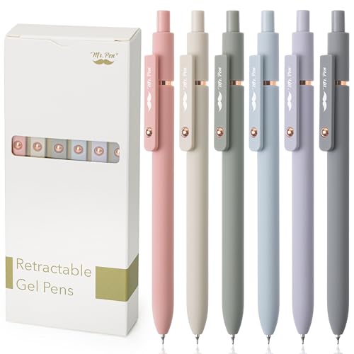 Mr. Pen- Retractable Gel Pens with Rose Gold Ring and Ball, 6 Pack | Morandi Barrels, Japanese Black Gel Pens, Fast Dry, Fine Point 0.5mm - color: Morandi Barrels with Rose Gold Ring