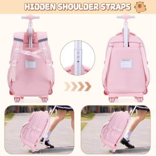 Capybara Rolling Backpack for Girls - 3PCS Girls Backpack Kids Suitcase with Lunch Box & Pencil Case Travel - Capybara Backpack with Wheels for Kindergarten Preschool Elementary (Pink) - color: Pink