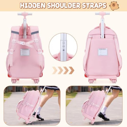 Capybara Rolling Backpack for Girls - 3PCS Girls Backpack Kids Suitcase with Lunch Box & Pencil Case Travel - Capybara Backpack with Wheels for Kindergarten Preschool Elementary (Pink) - color: Pink