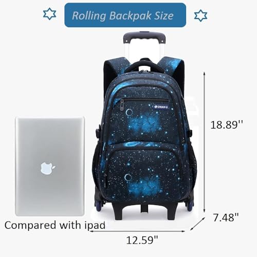 3Pcs Boys Galaxy Rolling Backpack Kids Backpack with Wheels Trolley Bookbag Wheeled School Bag with Lunch Bag - color: Large 6wheels-3pcs Black Blue-starry Sky, size: Large 3-Piece Set