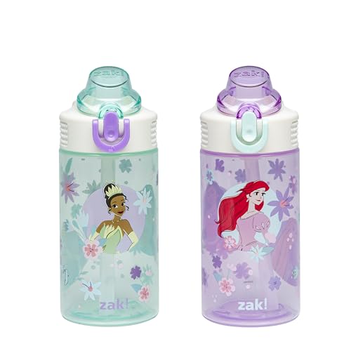 Zak Designs Disney Princess Sage Kids Water Bottle For School or Travel, 16oz Durable Plastic With Straw and Leak-Proof Spout Cover, 2-Pack (Ariel, Cinderella, Jasmine, Moana, Rapunzel, Tiana) - color: Disney Princess (Ariel, Cinderella, Jasmine, Moana, R