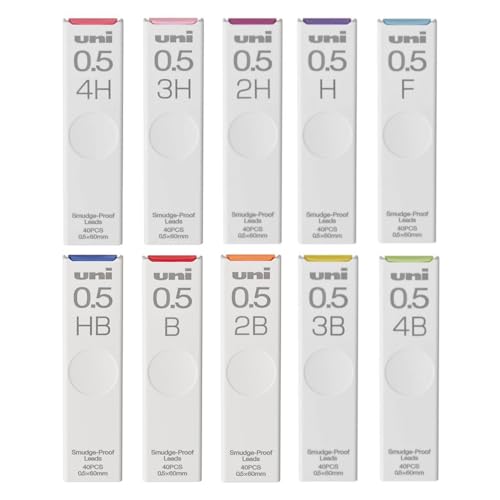 Refills Smudge-Proof Leads, 0.5mm Fine, Set of 10 Grades (4H, 3H, 2H, H, F, HB, B, 2B, 3B, 4B), 40 Pieces Per Dispenser (400 Pieces Total), 10-Pack