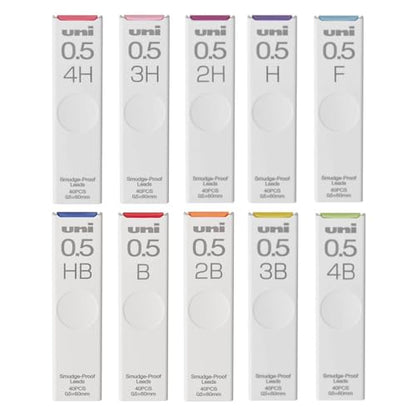 Refills Smudge-Proof Leads, 0.5mm Fine, Set of 10 Grades (4H, 3H, 2H, H, F, HB, B, 2B, 3B, 4B), 40 Pieces Per Dispenser (400 Pieces Total), 10-Pack