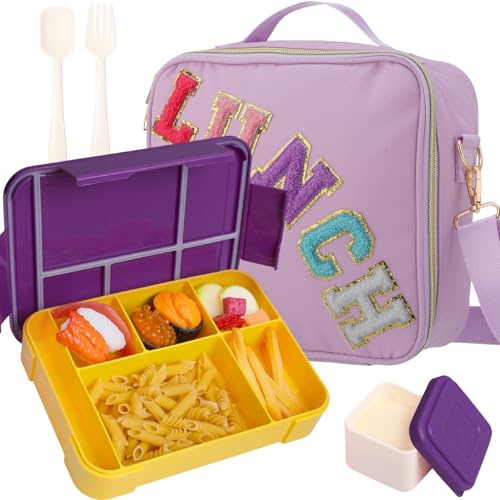 Ziliny Lunch Box Kids with Insulated Lunch Bag, 45 oz Bento Box for Boys Girls,Large Nylon Preppy Lunch Bag with Adjustable Shoulder Strap Reusable Bento Box for School Picnic(Purple,Purple Yellow)