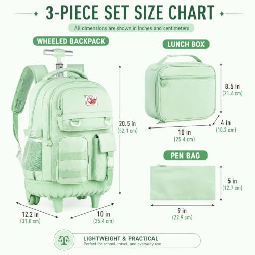 WZLVO Rolling Backpack for Women, 21 inch Roller Wheels Backpacks with Lunch Bag, Water Resistant Wheeled Bookbag for Teens Girls Travel Elementary - Green - color: Green