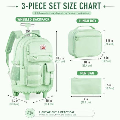 WZLVO Rolling Backpack for Women, 21 inch Roller Wheels Backpacks with Lunch Bag, Water Resistant Wheeled Bookbag for Teens Girls Travel Elementary - Green - color: Green