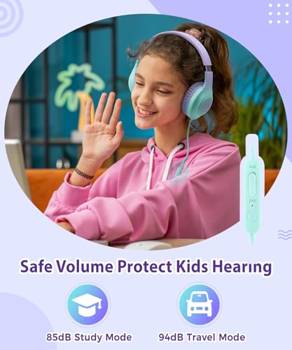 rockpapa Kids Headphones, Wired Headphones for Kids with Microphone, 85/94dB Volume Limiter Headphone for Girls Boys, Foldable Head Phones for School Tablet Laptop Purple Teal - color: Purple Teal