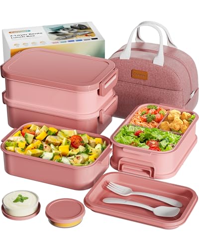 Adults Bento Box with Insulated Lunch Bag, 74oz Capacity 3 Stackable Leak-Proof Bento Box Built-In Utensil and Sauce, PFAS & BPA-Free, Microwave & Dishwasher Safe (Rose Pink) - color: Rose Pink