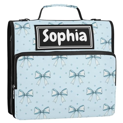 Blue Bow Dots Print Custom Zipper Binder Bag 3 Ring with Shoulder Strap & Handle Personalized Binder Bag Expandable File Folder for School - color: Multi-bow Blue Dots