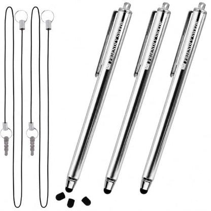 The Friendly Swede Stylus Pen for Touchscreen — 3-Pack 5.5" High Precision Stylus Pen with Replaceable Thin Tips, Elastic Lanyards & Screen Cleaning Cloth - Silver - color: Silver