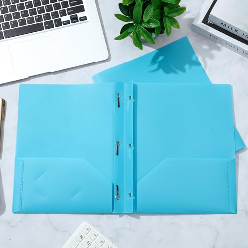 Yeaqee 80 Pcs Plastic Folders with Pockets and Prongs Plastic Folder 2 Pockets 3 Prongs with Business Card Slot Back to School Folders for Students, Teachers, Office Workers (Light Blue) - color: Light Blue