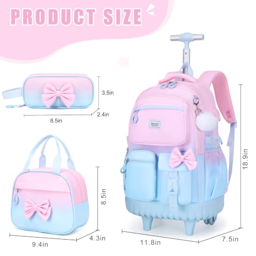 Bevalsa Rolling Backpack for Girls, Roller Backpack with Wheels, Cute Bow Wheeled School Bookbag Set with Lunch Bag & Pen Case, Suitcases for Kids Teens Elementary Middle Student (Pink Blue) - color: Pink Blue