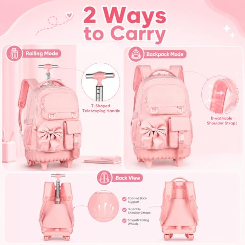 HPJGD 3PCS Girls Rolling Backpack, Pink Bow Tie Wheeled School Backpacks, Water-Resistant Roller Bookbag Set - color: Pink Bowknot Rolling Backpack Set