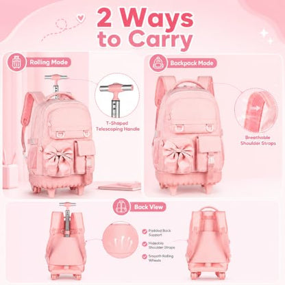 HPJGD 3PCS Girls Rolling Backpack, Pink Bow Tie Wheeled School Backpacks, Water-Resistant Roller Bookbag Set - color: Pink Bowknot Rolling Backpack Set