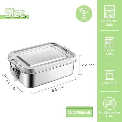TeamFar Stainless Steel Bento Box, 28oz/850ML Small Metal Lunch Box | Lunch Container for Adults / Kids, for Home/School/Office/Travel, With 2 Removable Dividers, Leak-Proof & Dishwasher Safe - size: 850ML