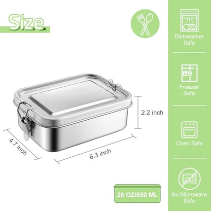 TeamFar Stainless Steel Bento Box, 28oz/850ML Small Metal Lunch Box | Lunch Container for Adults / Kids, for Home/School/Office/Travel, With 2 Removable Dividers, Leak-Proof & Dishwasher Safe - size: 850ML