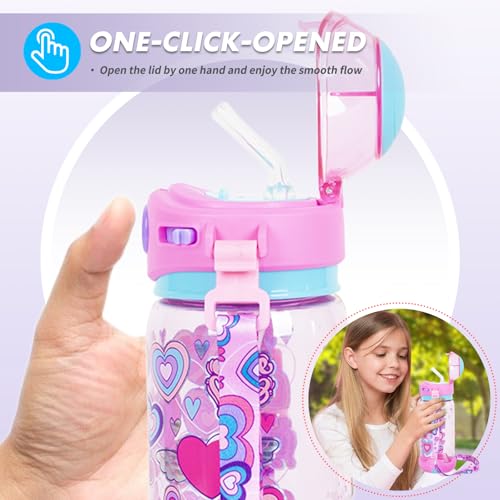 Kids Water Bottle with Straw/Lanyard for School Kids Girls Boys, 22oz BPA Free Child Drinking Water Bottle One-Click-Open Leak-Proof Locking Flip Lid for School Sport Travel - color: H08. Heart