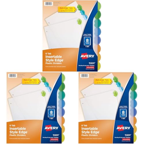 Avery Insertable Style Edge Plastic Dividers for 3 Ring Binders, 8-Tab Set, Multicolor, 1 Set (11201) (Pack of 3) - size: 3-Pack, style: Dividers