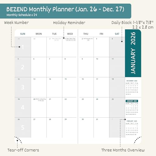 BEZEND Pocket Monthly Planner 2026-2027 (3.5" x 6.5") 2 Year Calendar Book for Purse with Note Pages, 100 GSM Paper, Inner Pocket, Pen Holder, Vegan Leather Hardcover in Dark Green - color: Dark Green, size: Pocket 3.5" x 6.5"