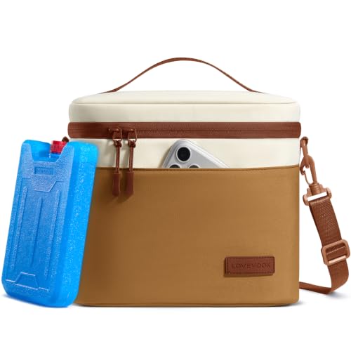 LOVEVOOK Insulated Lunch Box for Women Men, Reusable Lunch Bag for Work Picnic Beach College School, Leakproof Cooler Bag with Shoulder Strap & Ice Pack, Lunch Box/Bag for Mom Teacher Kids Girl Boy - color: Tan - Beige, size: 9L
