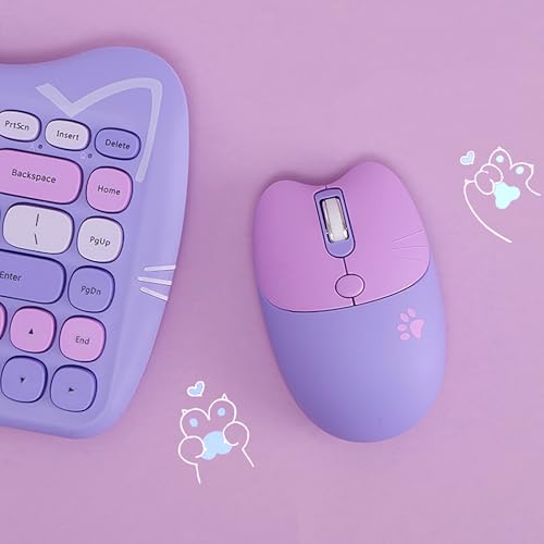 Cute Cat 2.4G USB Wireless Keyboard and Mouse Combo, Silent Keys, Candy Colors, Compatible with Notebook, PC (Purple-84Keys) - color: Purple-84Keys